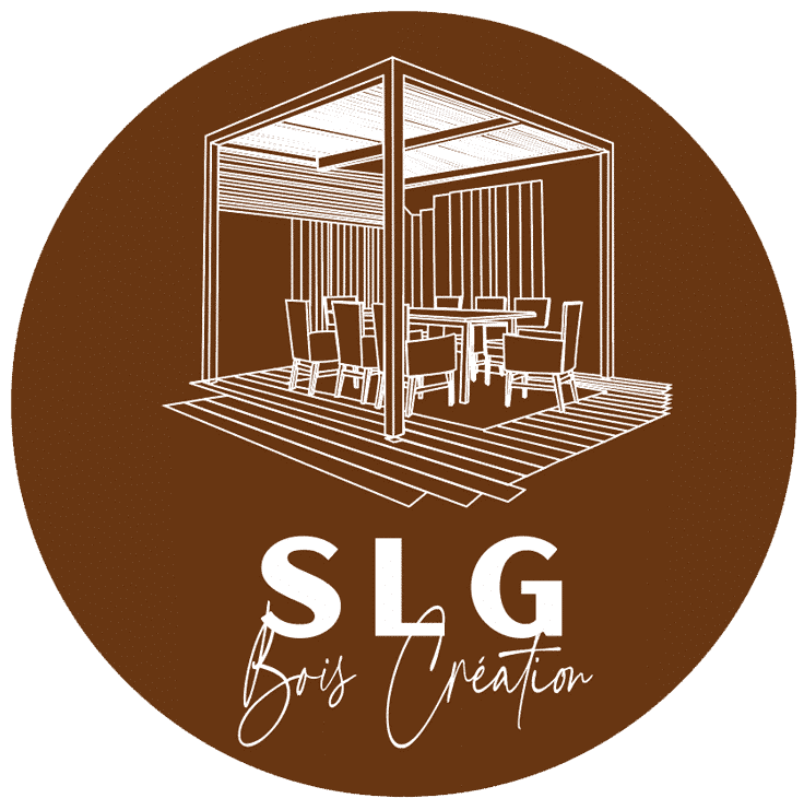 Logo SLG Bois Création: pergola moderne avec toit à lames, deck et mobilier de jardin. Design élégant marron et blanc.