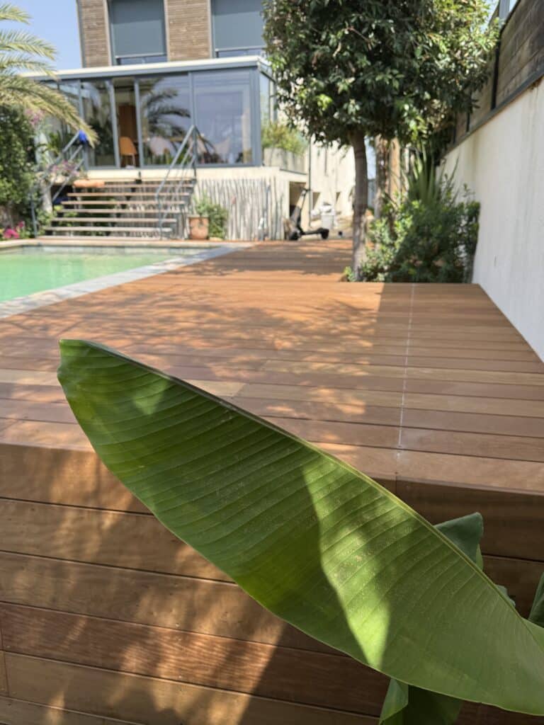 Grande feuille verte luxuriante au premier plan, devant une terrasse en bois ensoleillée bordant une piscine et une maison moderne avec véranda.